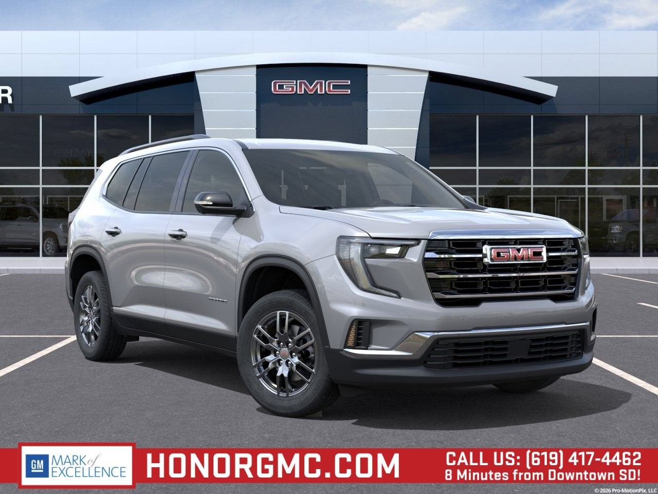 2026 GMC Acadia Elevation in Sterling Metallic — front three-quarter view
