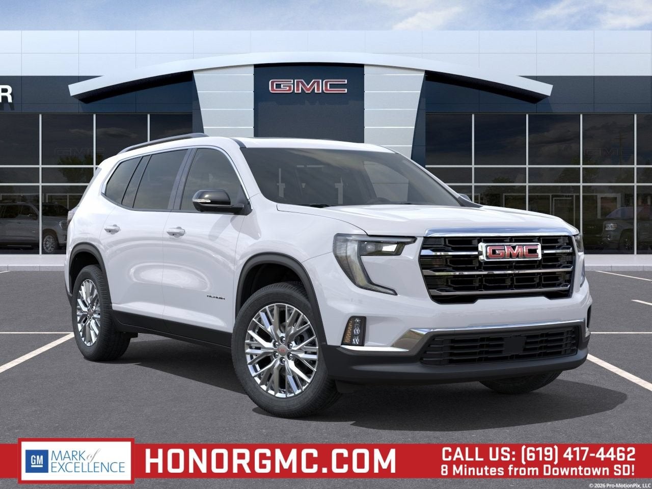 2026 GMC Acadia Elevation in Summit White — front three-quarter view