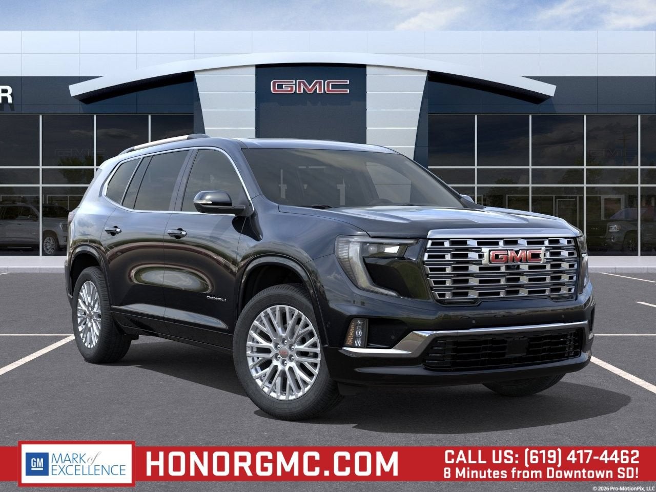 2026 GMC Acadia Denali in Ebony Twilight Metallic — front three-quarter view