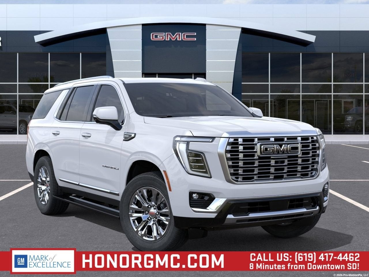 2026 GMC Yukon Denali in Glacier White Tricoat — front three-quarter view