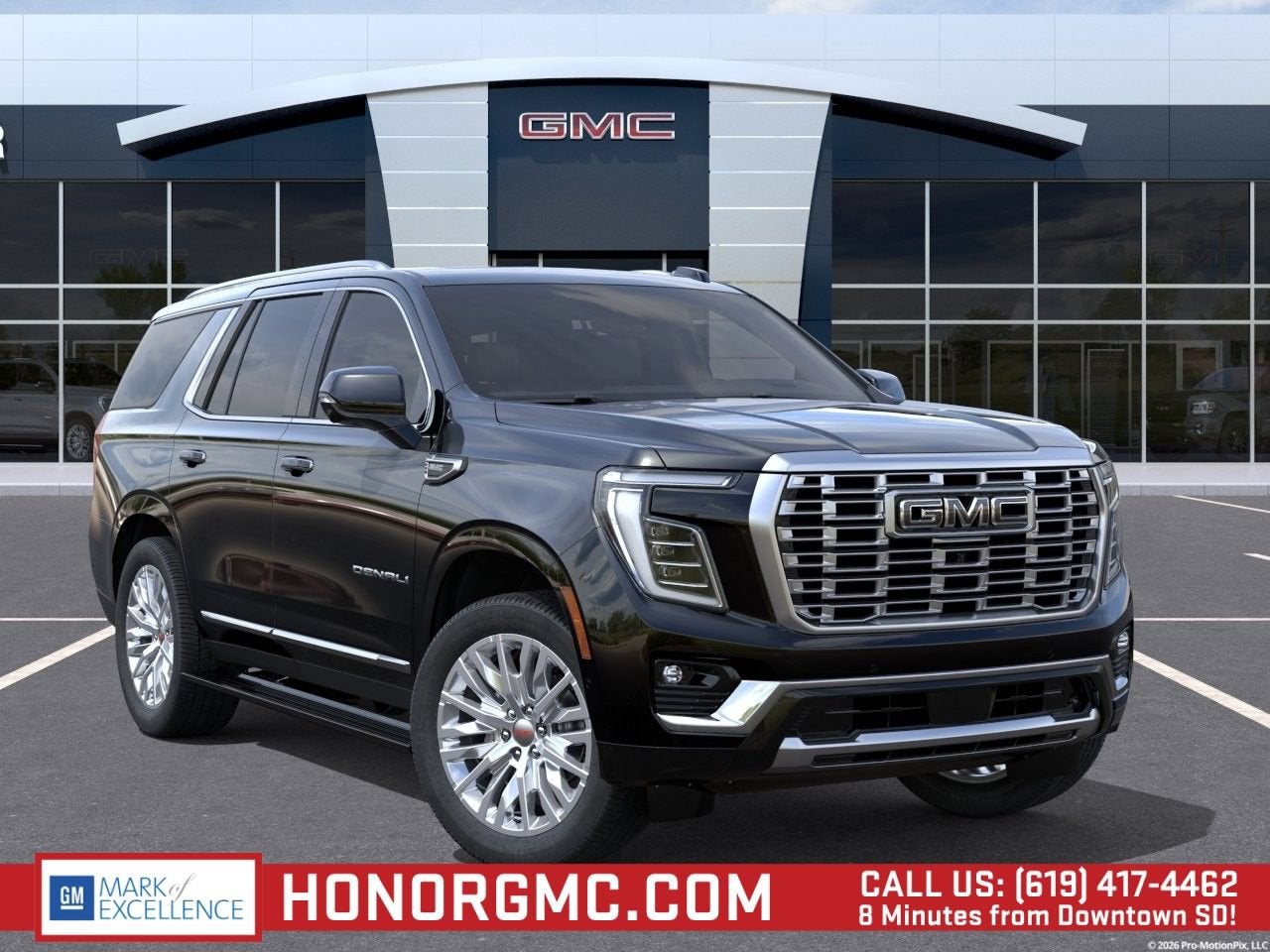 2026 GMC Yukon Denali in Onyx Black — front three-quarter view