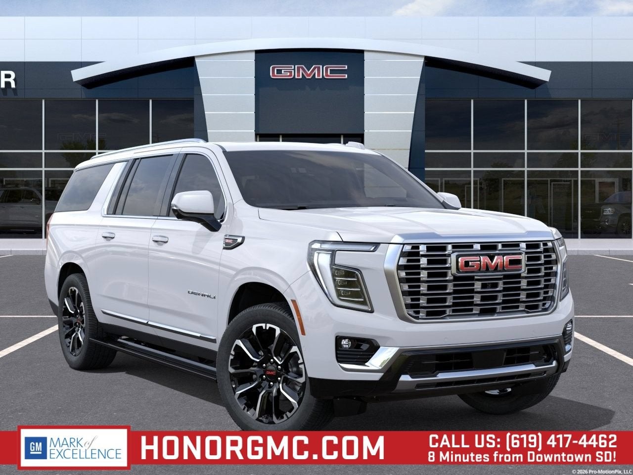 2026 GMC Yukon XL Denali in Summit White — front three-quarter view