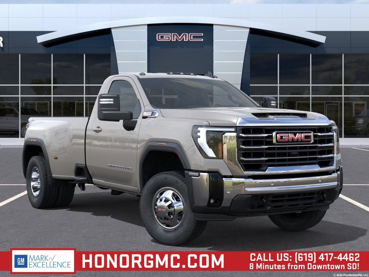2026 GMC Sierra 3500 HD SLE DRW in Coastal Dune — front three-quarter view