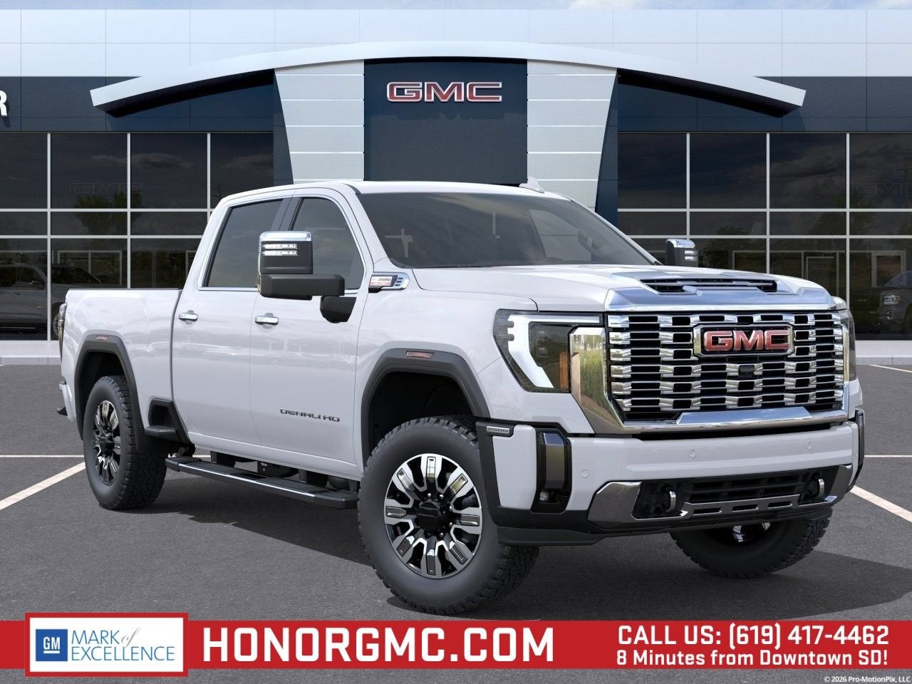2026 GMC Sierra 2500 HD Denali in Summit White — front three-quarter view