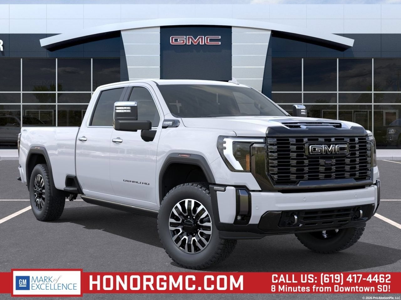 2026 GMC Sierra 2500 HD Denali Ultimate in Glacier White Tricoat — front three-quarter view
