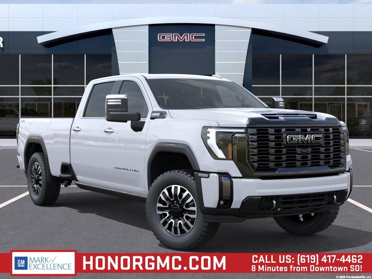 2026 GMC Sierra 2500 HD Denali Ultimate in Glacier White Tricoat — front three-quarter view