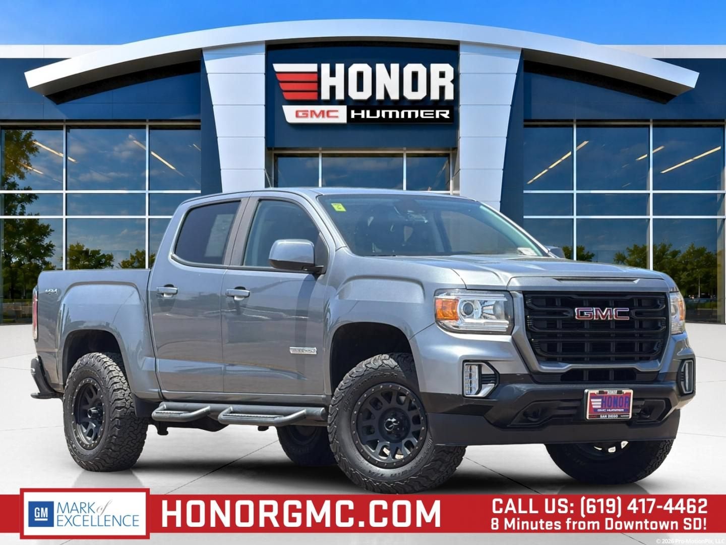 2021 GMC Canyon 4WD Elevation in Satin Steel Metallic — front three-quarter view