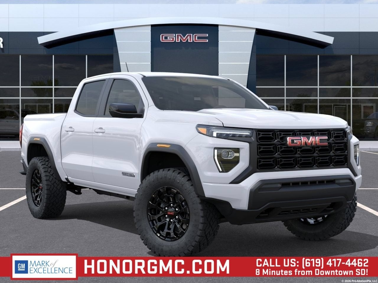 2026 GMC Canyon Elevation in Summit White — front three-quarter view