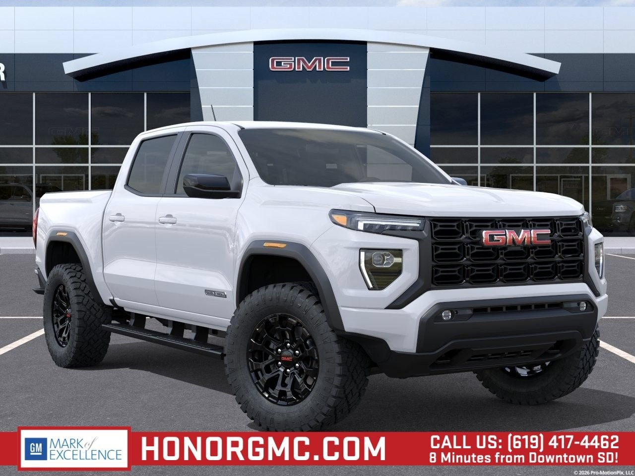 2026 GMC Canyon Elevation in Summit White — front three-quarter view