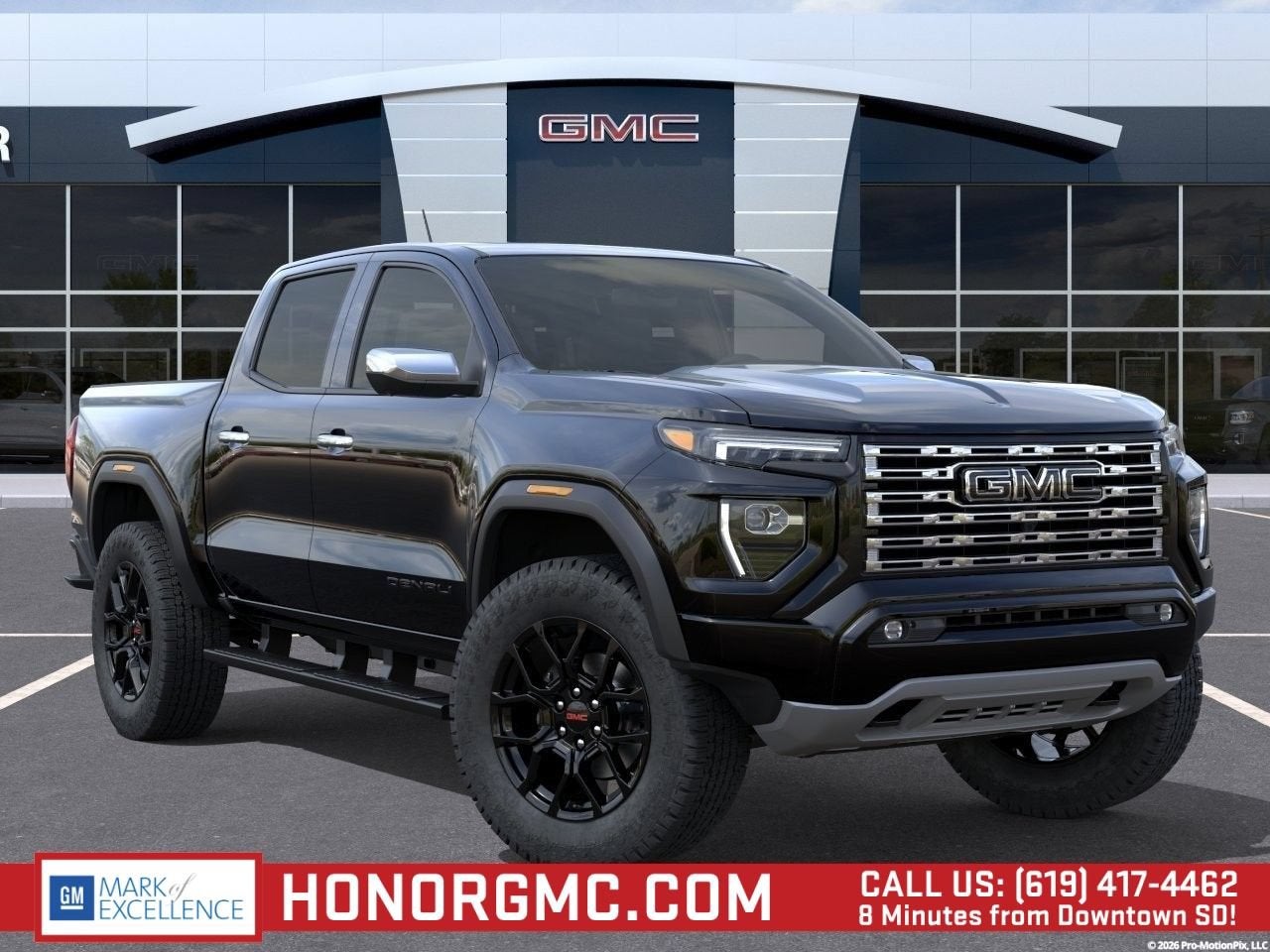 2026 GMC Canyon Denali in Onyx Black — front three-quarter view
