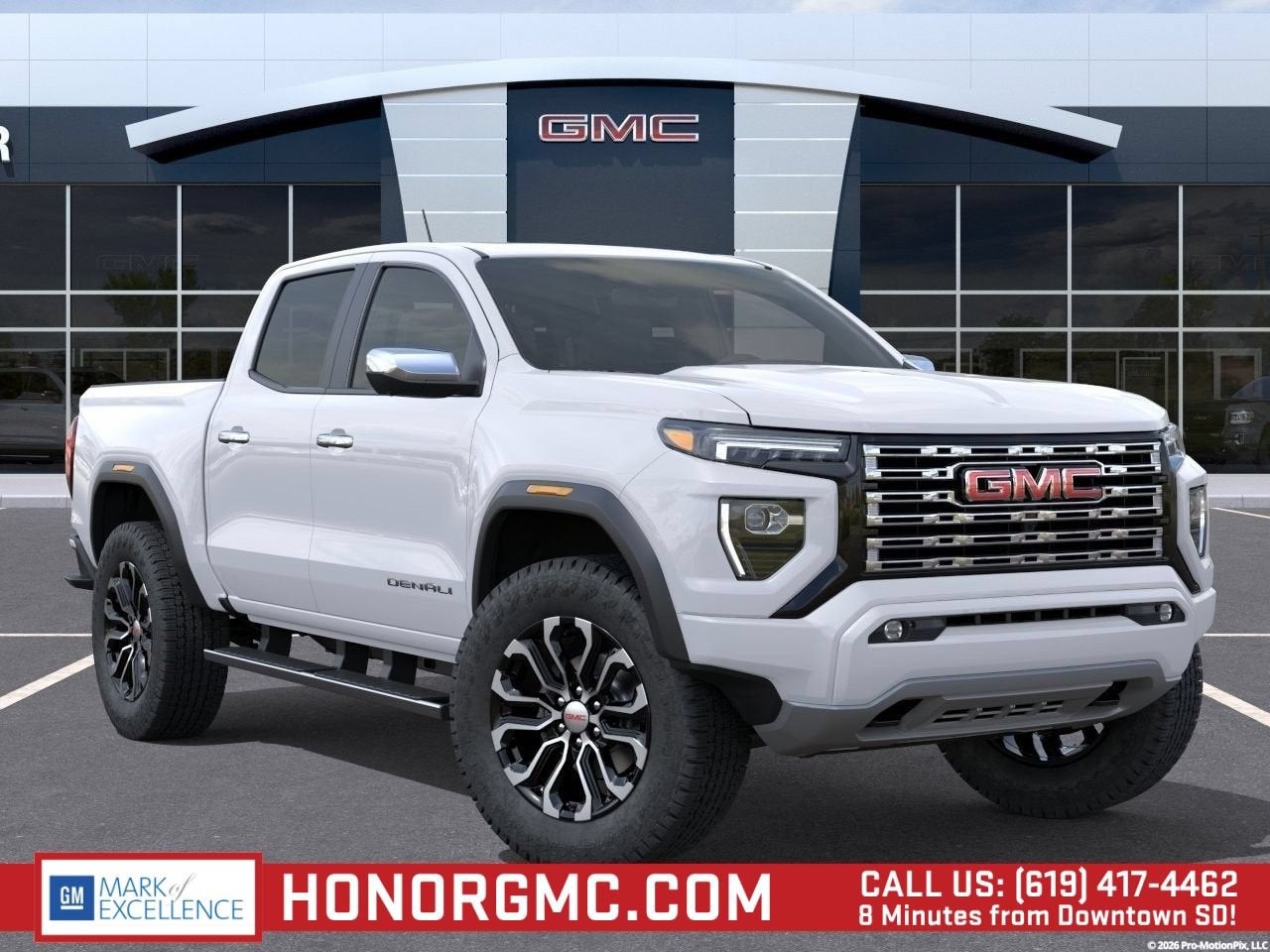 2026 GMC Canyon Denali in Summit White — front three-quarter view