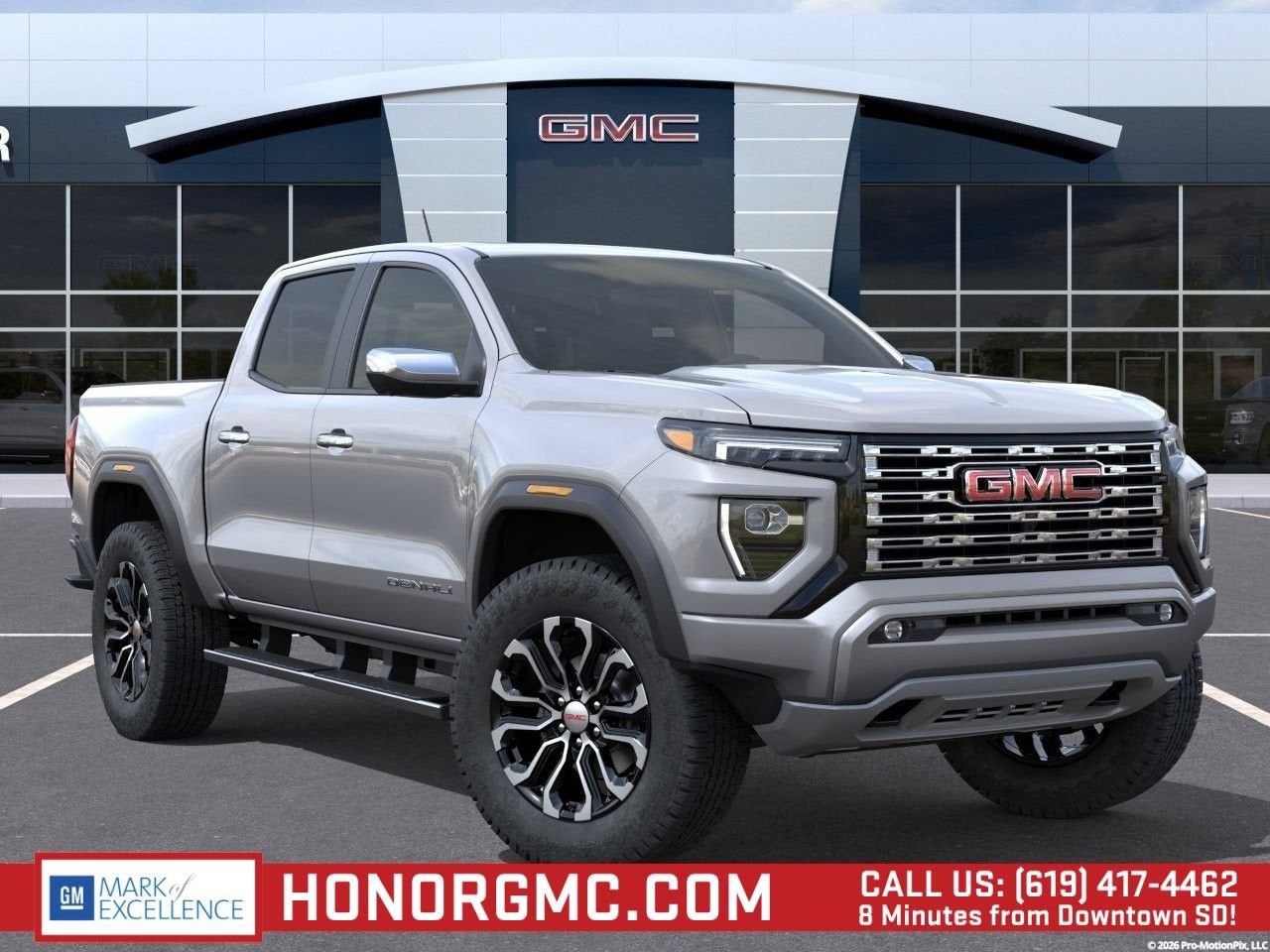 2026 GMC Canyon Denali in Sterling Metallic — front three-quarter view