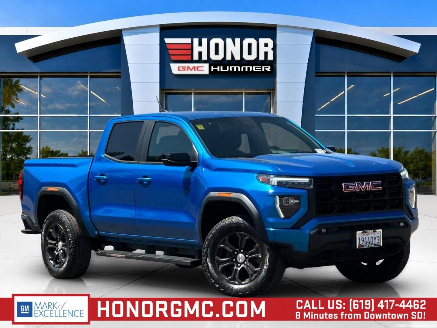 2023 GMC Canyon Elevation in Dynamic Blue Metallic — front three-quarter view