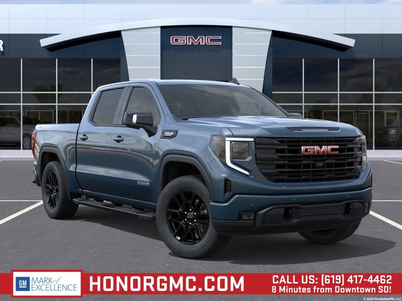 2026 GMC Sierra 1500 Elevation in Downpour Metallic — front three-quarter view