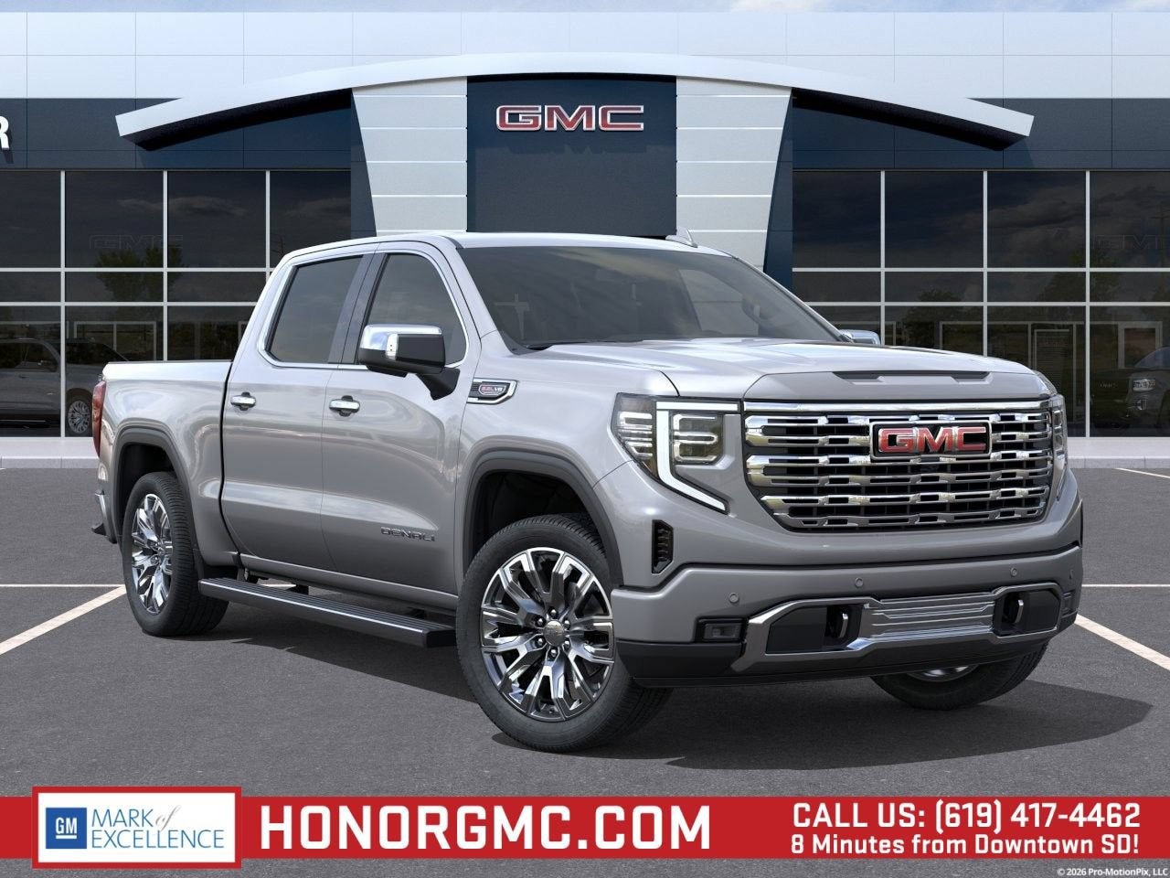 2026 GMC Sierra 1500 Denali in Sterling Metallic — front three-quarter view
