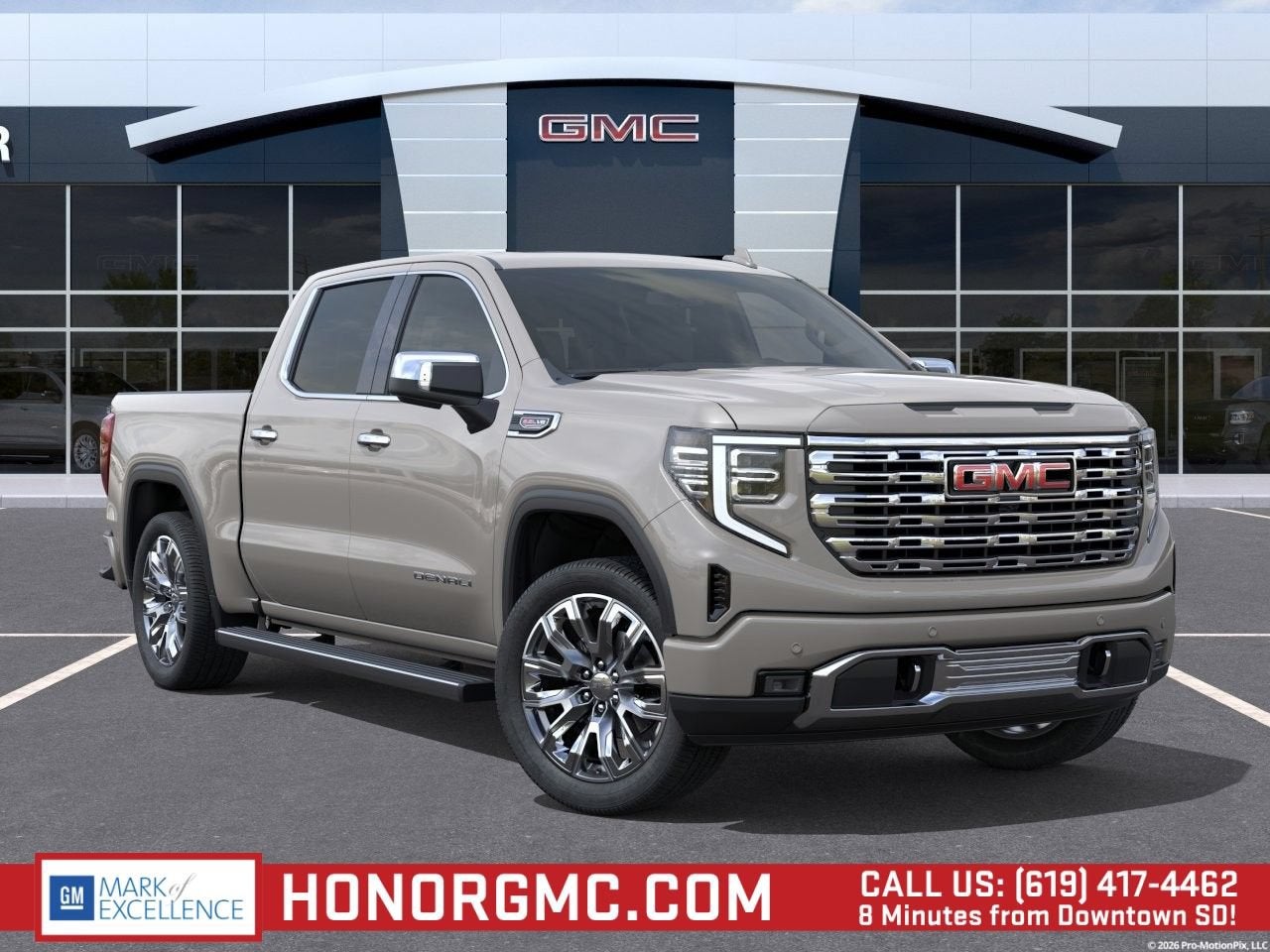 2026 GMC Sierra 1500 Denali in Coastal Dune — front three-quarter view