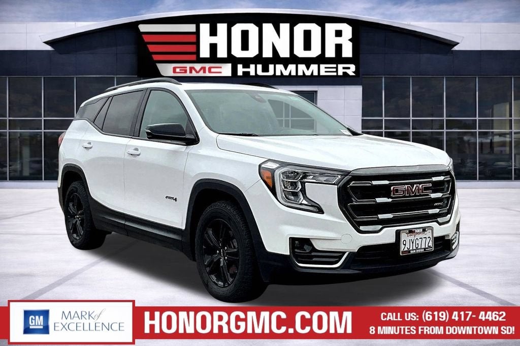 2023 GMC Terrain AT4 in Summit White — front three-quarter view