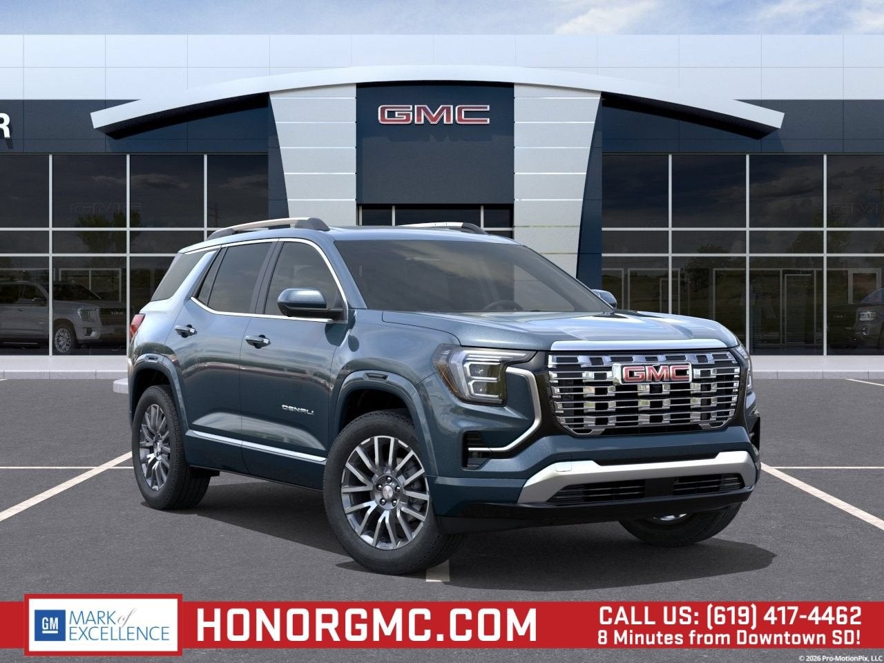 2026 GMC Terrain Denali in Downpour Metallic — front three-quarter view