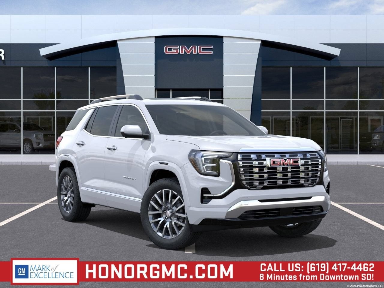 2026 GMC Terrain Denali in Glacier White Tricoat — front three-quarter view