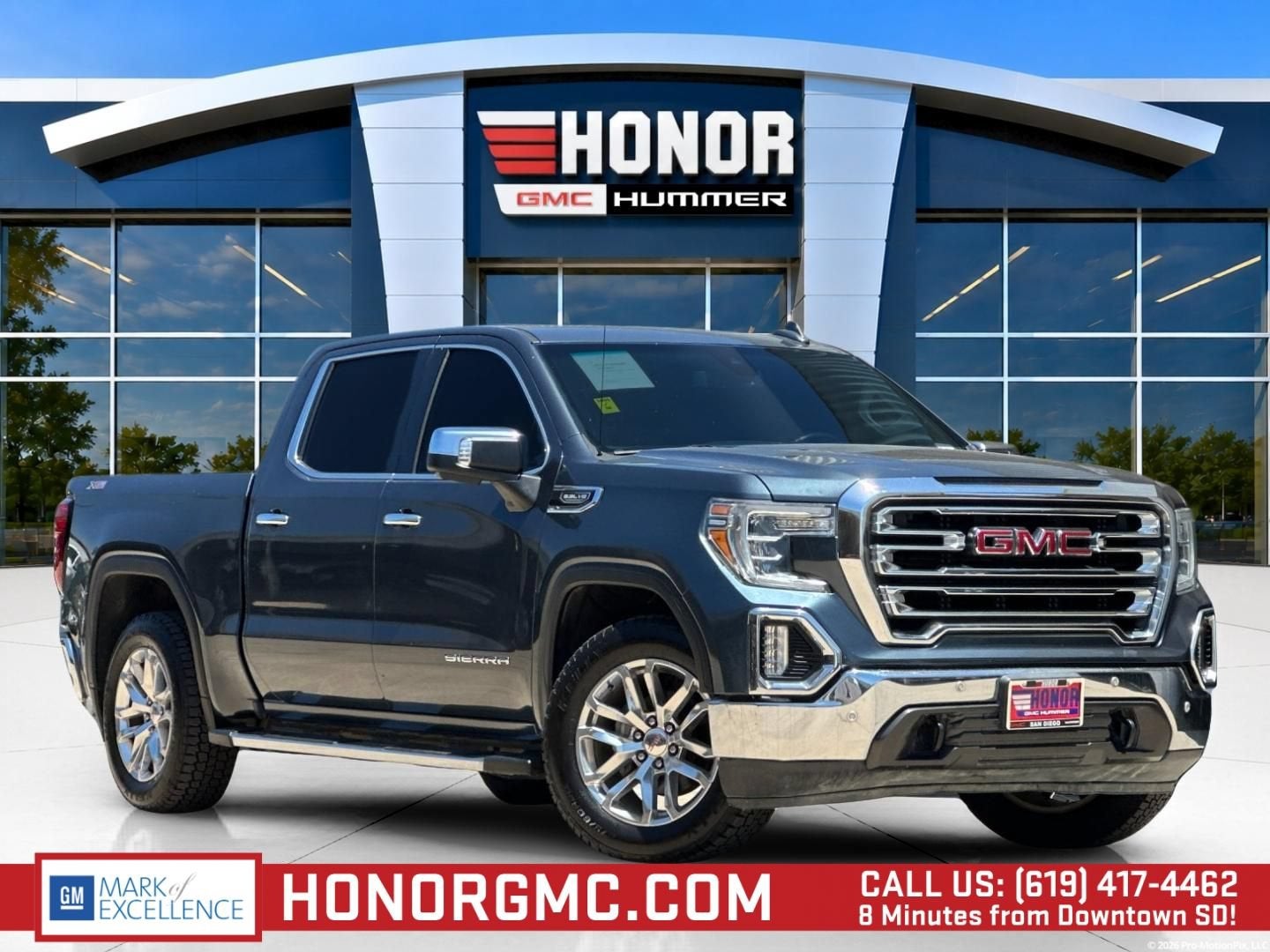 2019 GMC Sierra 1500 SLT in Dark Sky Metallic — front three-quarter view
