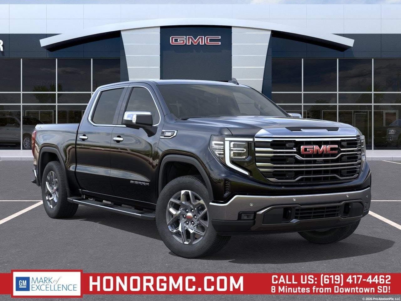 2026 GMC Sierra 1500 SLT in Onyx Black — front three-quarter view