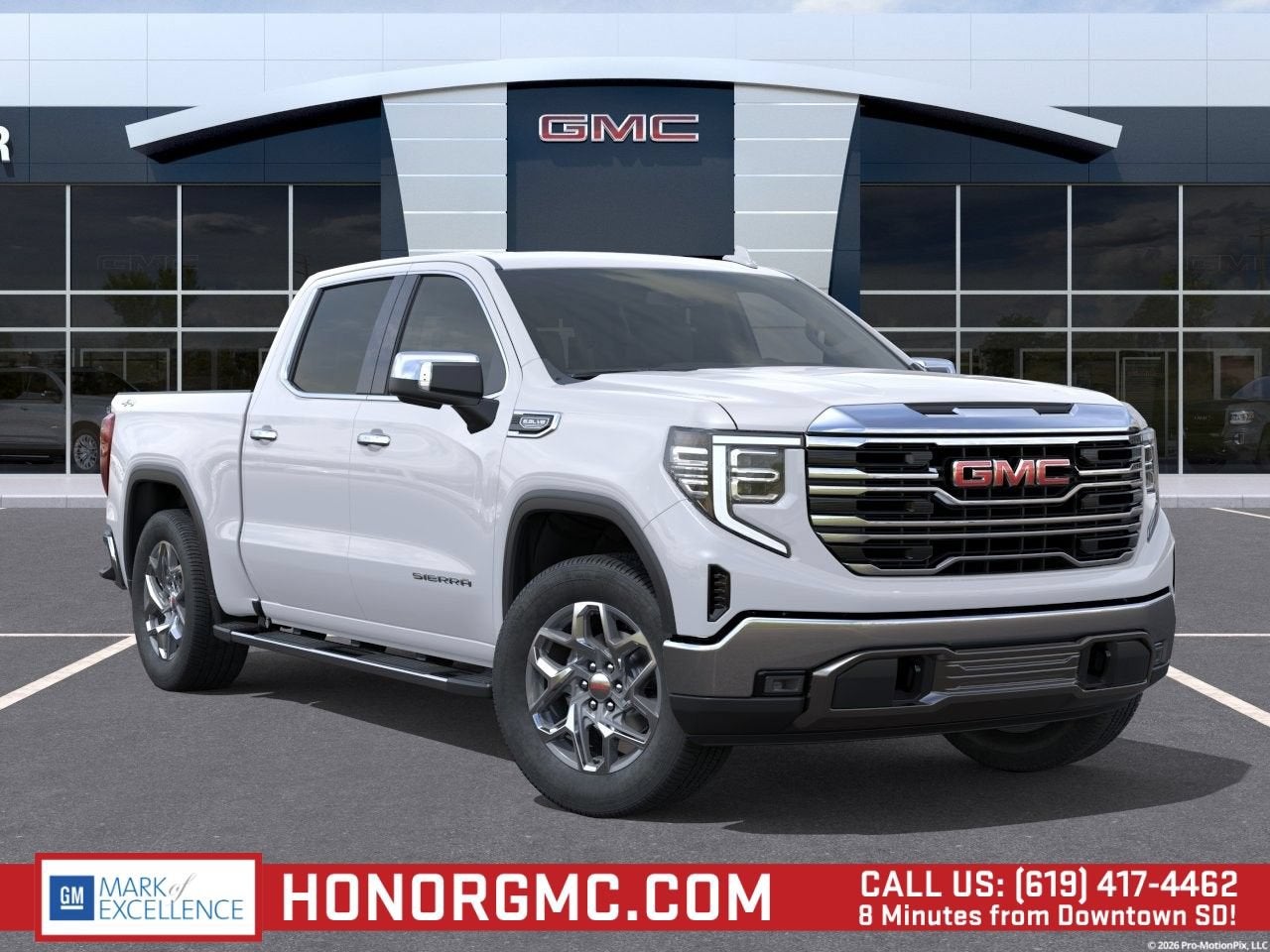 2026 GMC Sierra 1500 SLT in Summit White — front three-quarter view