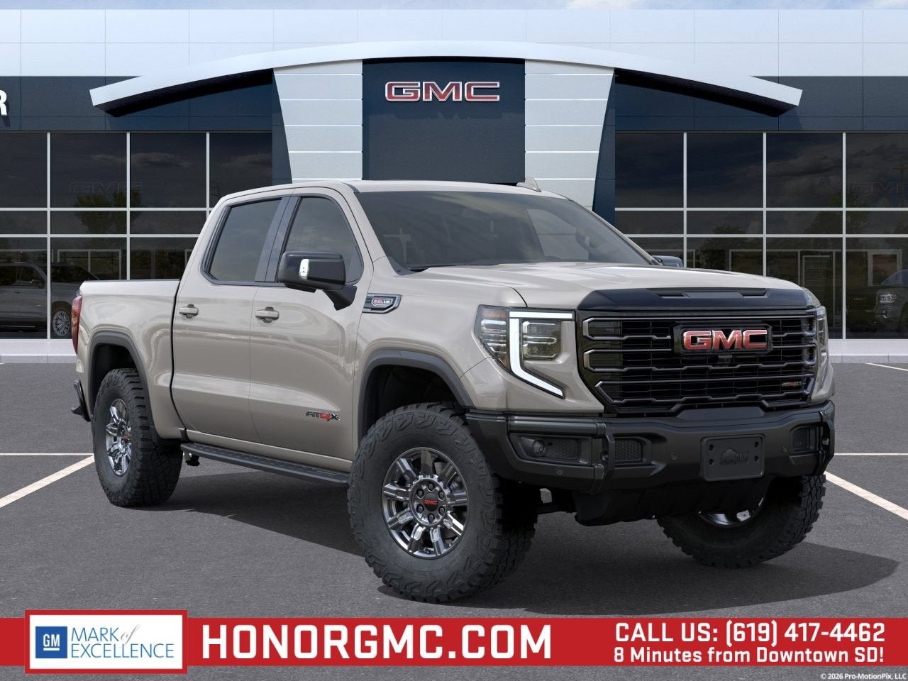 2026 GMC Sierra 1500 AT4X in Coastal Dune — front three-quarter view