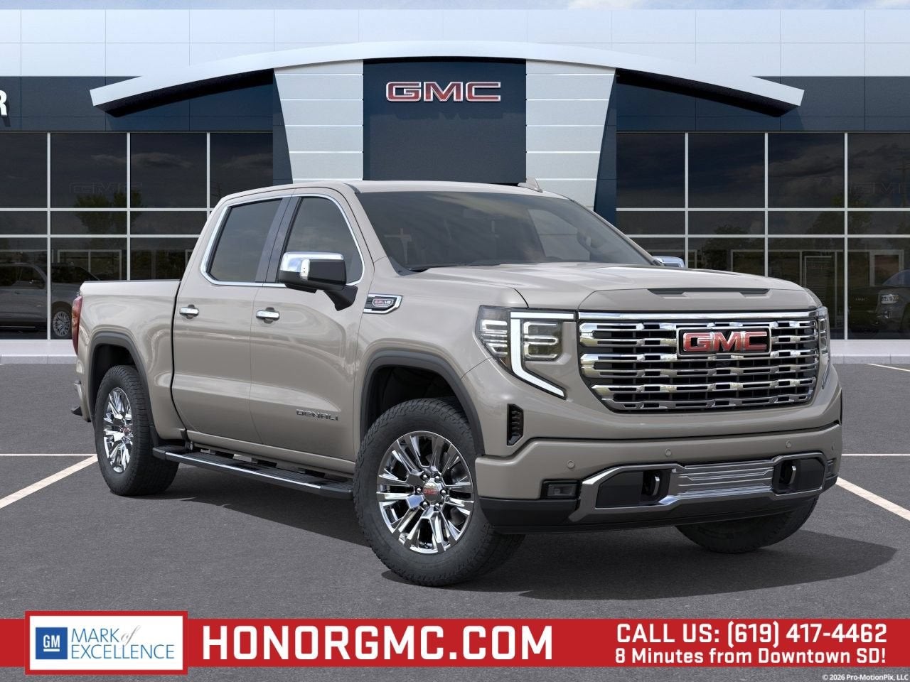2026 GMC Sierra 1500 Denali in Coastal Dune — front three-quarter view
