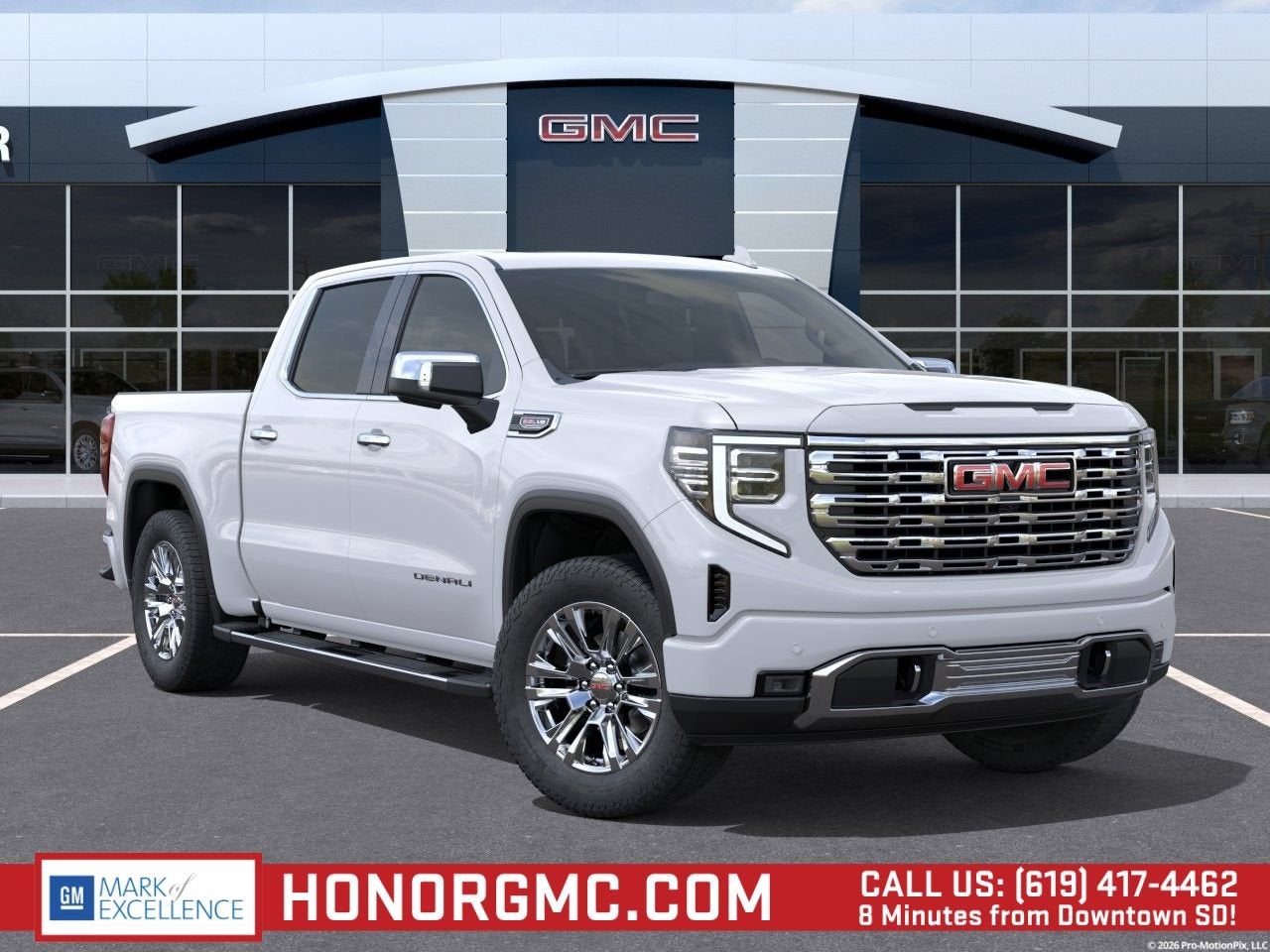 2026 GMC Sierra 1500 Denali in Glacier White Tricoat — front three-quarter view